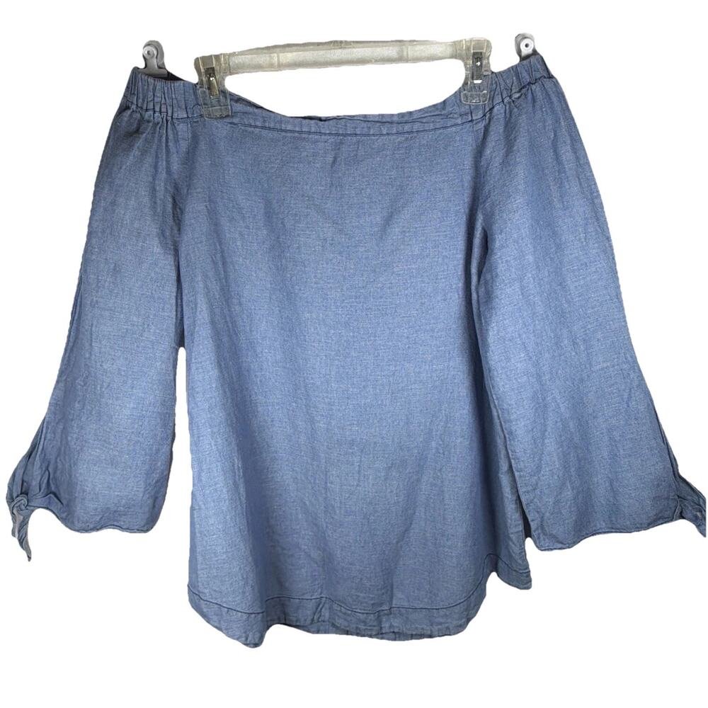 Free People Med Chambray Denim Top Shirt Blue Bohemian Casual Show Some Shoulder